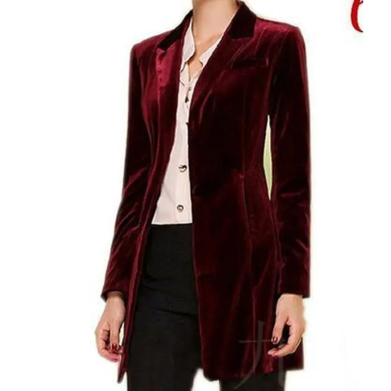 Chic European Style Long Velvet Blazer