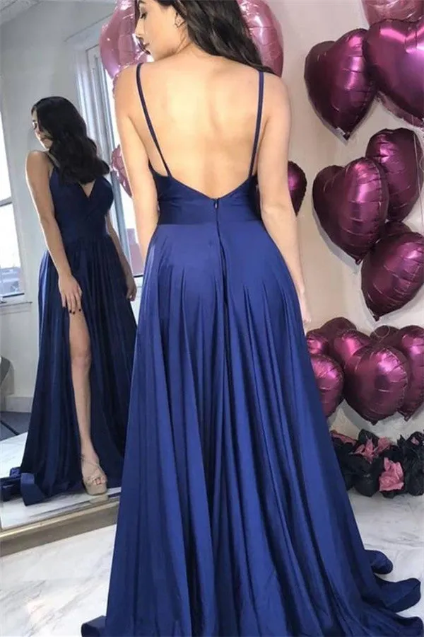 Chic Navy Blue Backless Simple Evening Dresses Spaghetti Straps Prom Dresses On Sale with Chic high Split