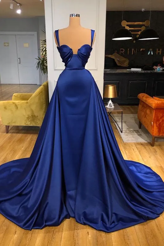 Chic Royal Blue Long Mermaid Straps Sweetheart Prom Dress Overskirt With Detachable Train