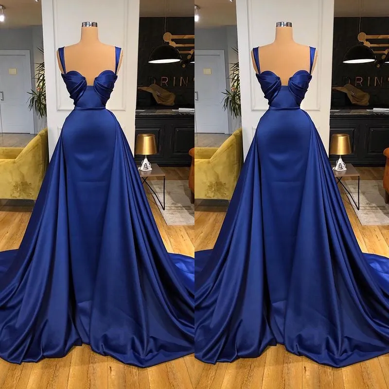 Chic Royal Blue Long Mermaid Straps Sweetheart Prom Dress Overskirt With Detachable Train