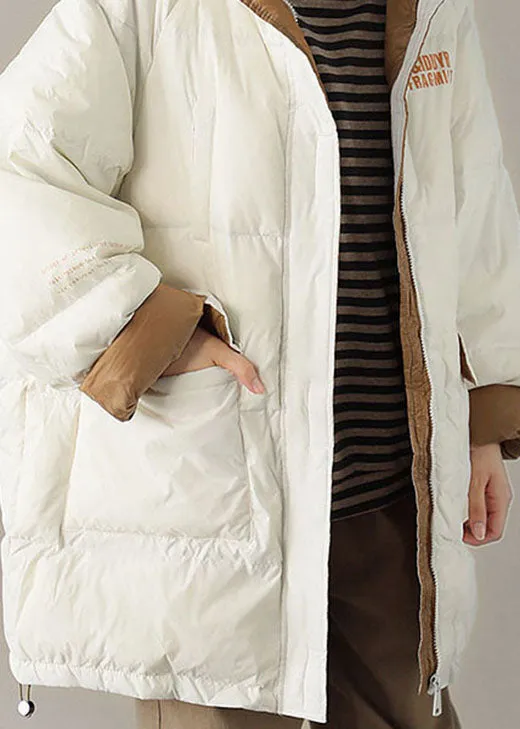 Chic White hooded Pockets Casual Winter Down Coat