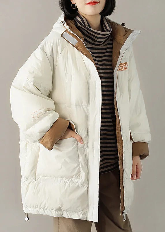 Chic White hooded Pockets Casual Winter Down Coat