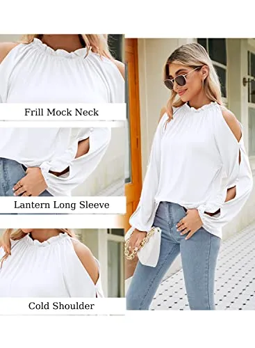 Cold Shoulder Tops for Women Sexy Casual Elegant Frill Neck Blouses Shirts