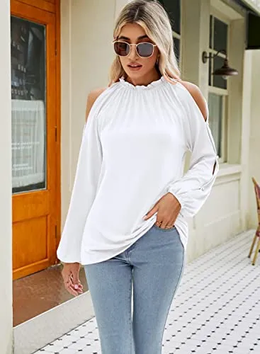 Cold Shoulder Tops for Women Sexy Casual Elegant Frill Neck Blouses Shirts