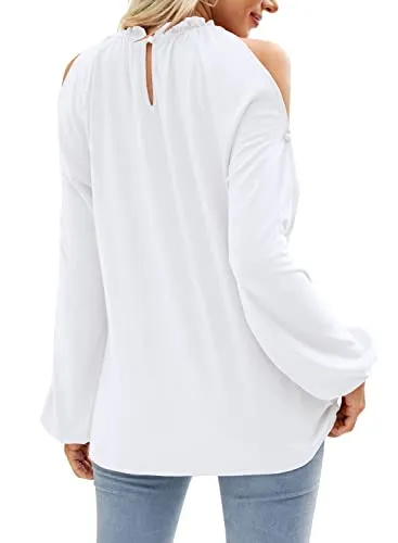 Cold Shoulder Tops for Women Sexy Casual Elegant Frill Neck Blouses Shirts