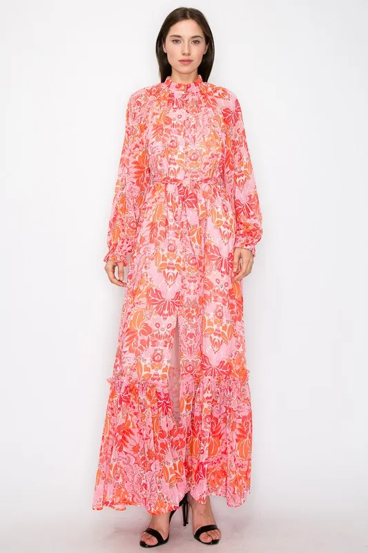 Coral Combo Floral Print Button Down Closure Tie Maxi Dress