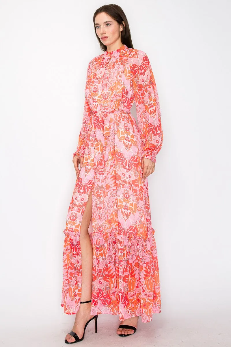 Coral Combo Floral Print Button Down Closure Tie Maxi Dress