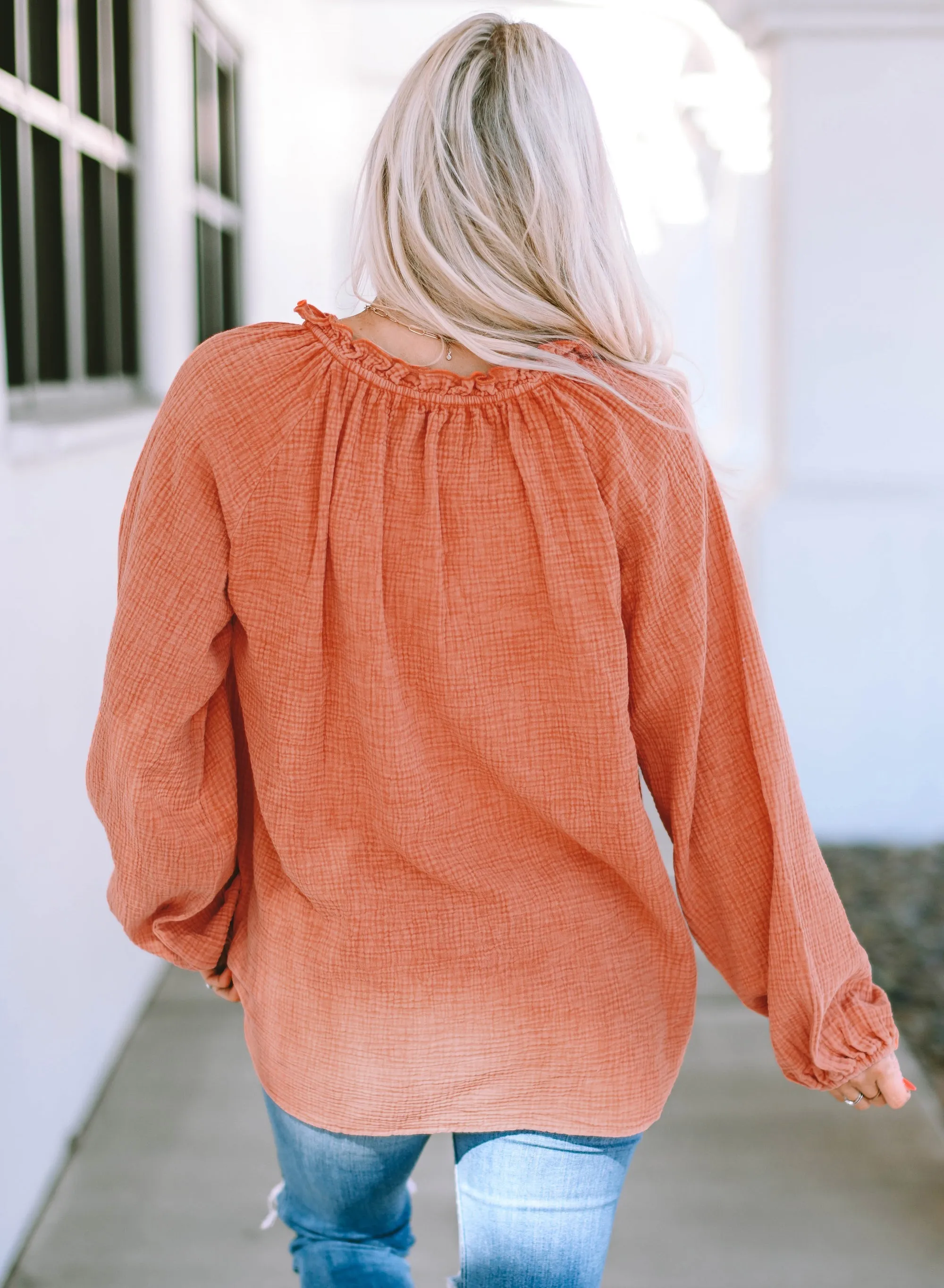 Crinkle Textured Frill Split Neck Blouse