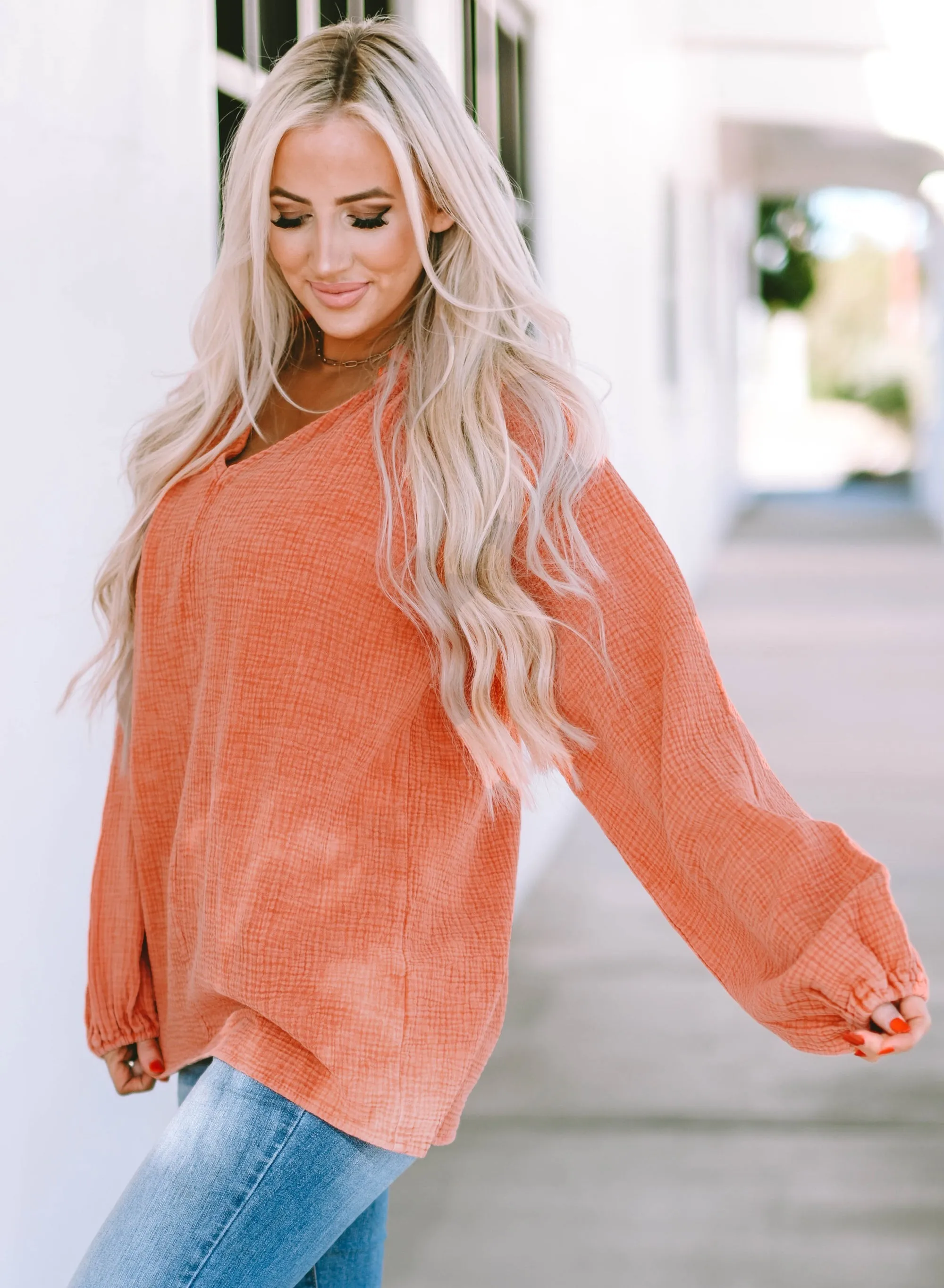 Crinkle Textured Frill Split Neck Blouse