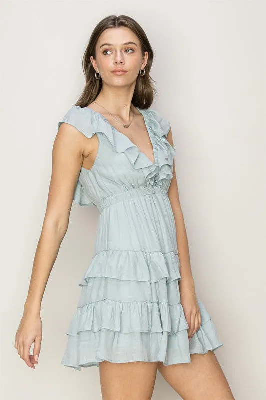 D.Blue Open Back Tiered Mini Dress