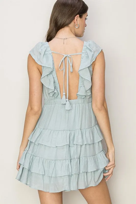 D.Blue Open Back Tiered Mini Dress