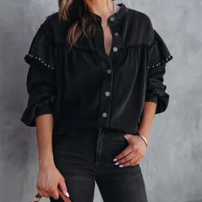 Denim Western Blouse | Trendy blouse van gekleurd spijkerstof met mao kraag voor dames