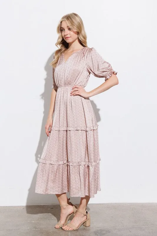 Dusty Salmon Tiered Midi Dress With Ruffle Detail