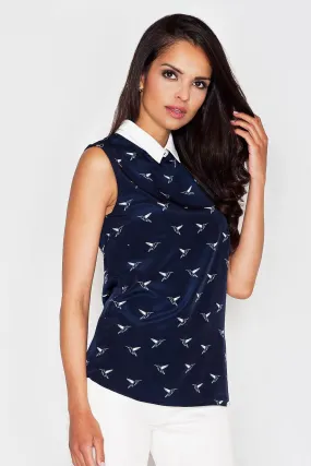 Elegant Bird Motif Sleeveless Blouse with Trendy Collar Detail