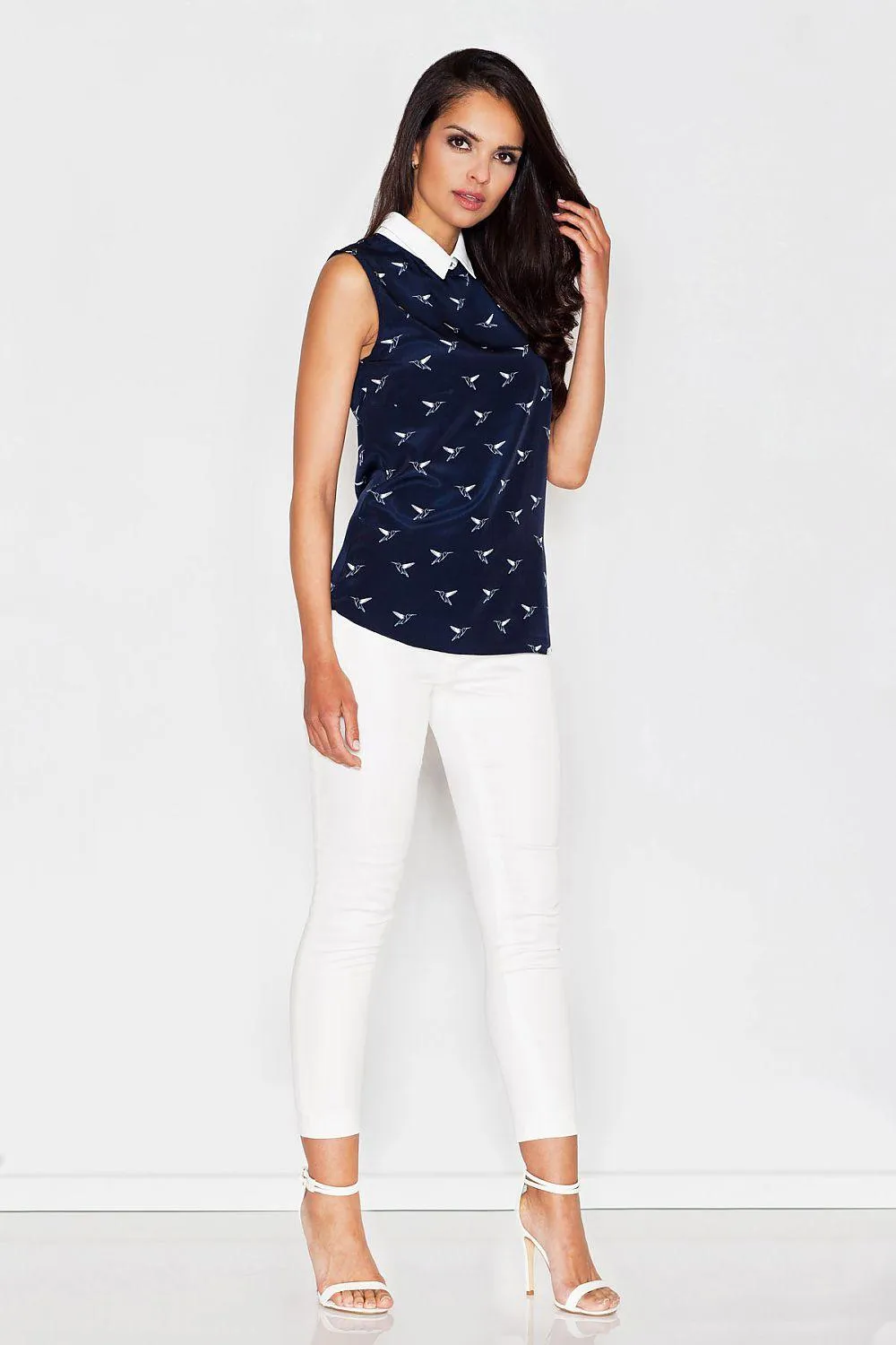 Elegant Bird Motif Sleeveless Blouse with Trendy Collar Detail