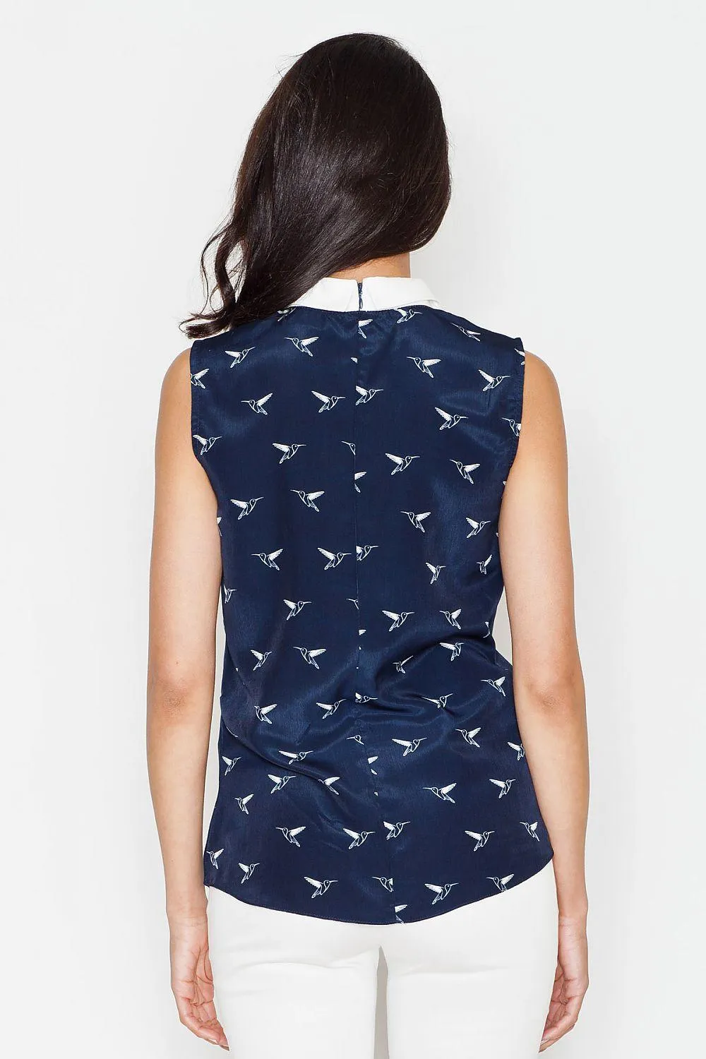 Elegant Bird Motif Sleeveless Blouse with Trendy Collar Detail