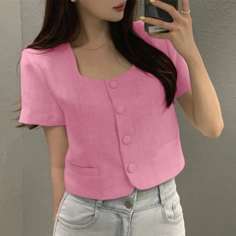 Elegant Casual Button Loose Short Sleeve Blouse