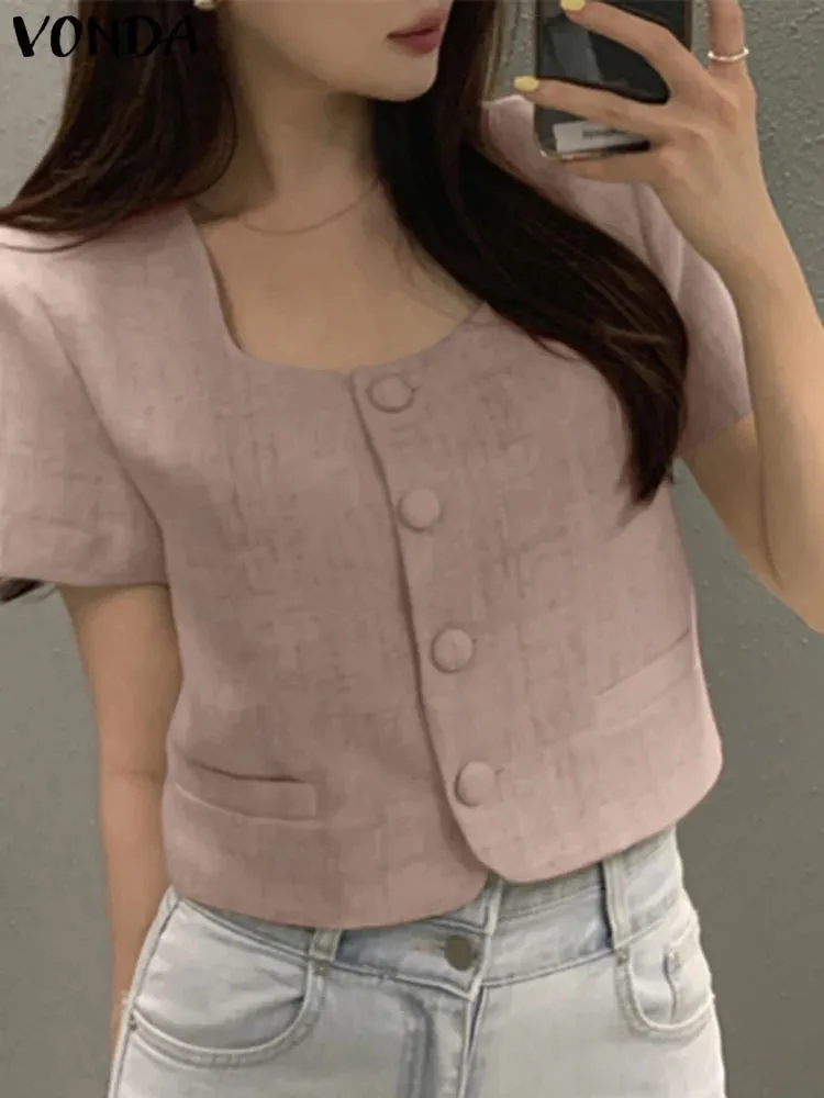 Elegant Casual Button Loose Short Sleeve Blouse