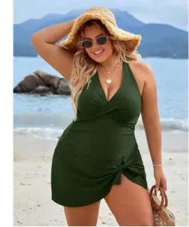 European And American Fashion Pure Color Slimming Flab Hiding Push Up Dress Women's Swimsuit