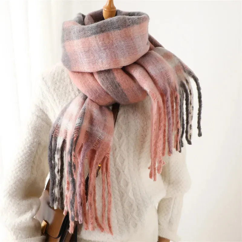 Fashion Plaid Striped Imitate Cashmere Outdoor Keep Warm Soft Thick Woman Scarf