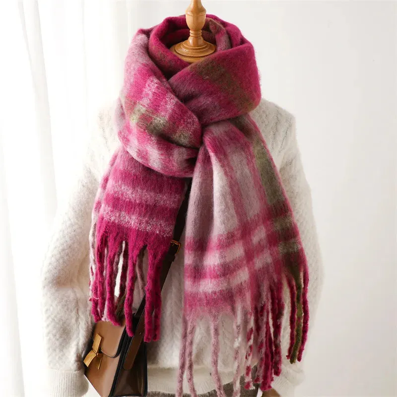 Fashion Plaid Striped Imitate Cashmere Outdoor Keep Warm Soft Thick Woman Scarf