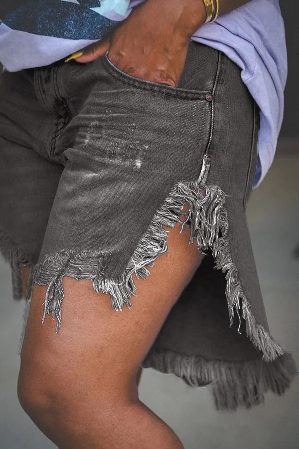 Fashionable Irregular Fringed Hem Denim Shorts