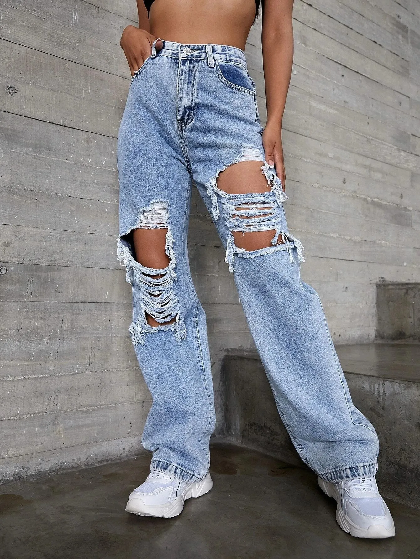 Fashionable Ripped Denim Straight Pants Wholesale Womens Clothing