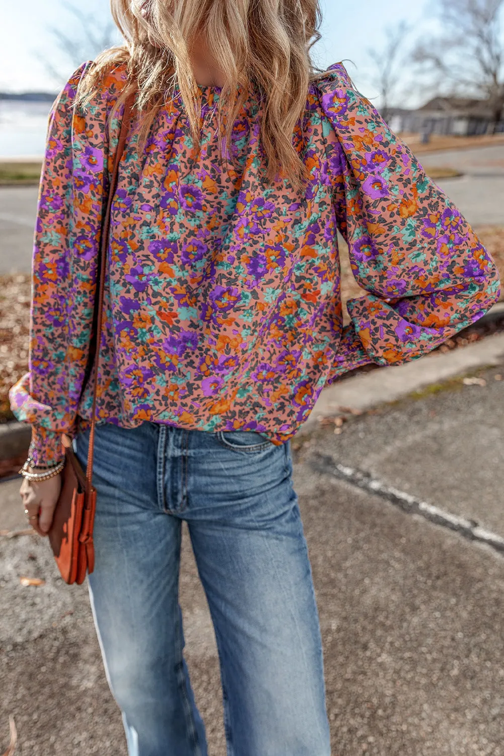 Floral Shirred Cuff Frilled O Neck Blouse