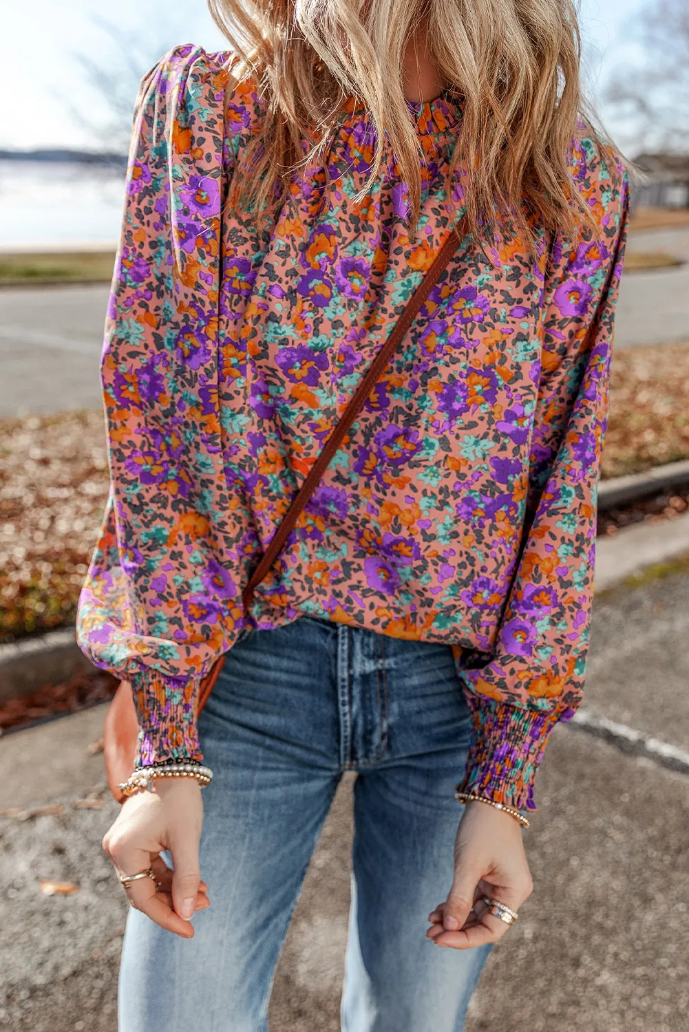 Floral Shirred Cuff Frilled O Neck Blouse