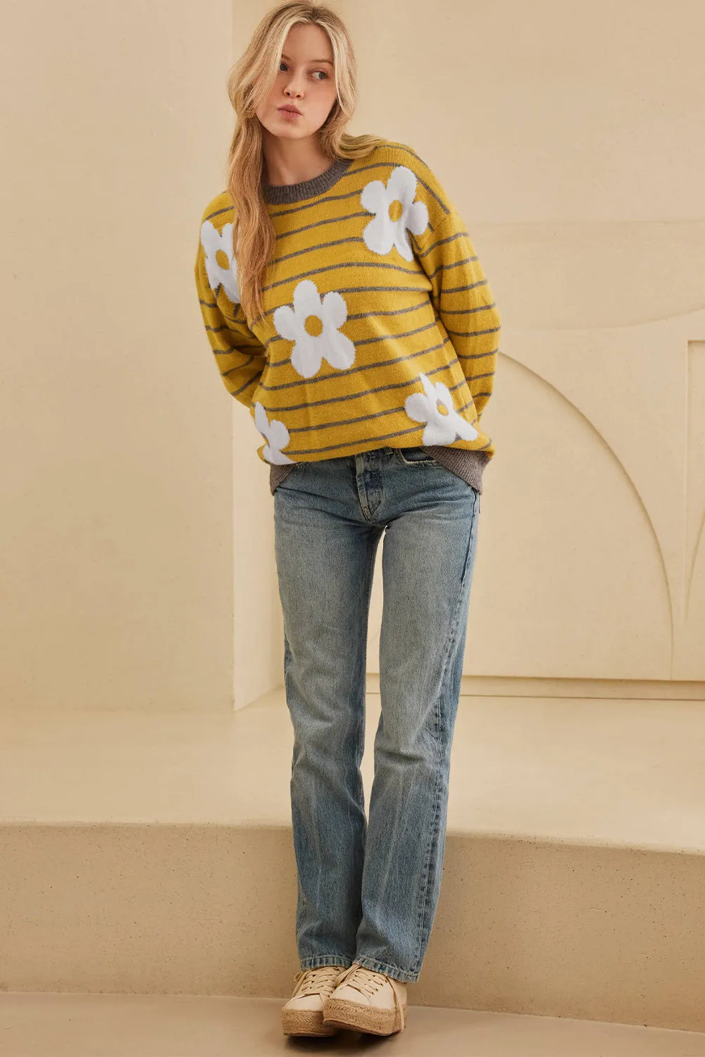 Flower Stripe Round Neck Long Sleeve Sweater