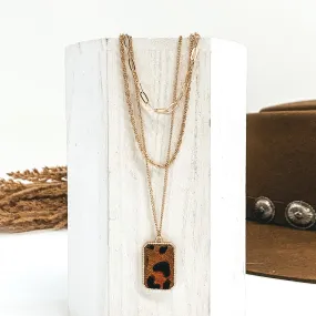 Gold Multi Chain Necklace with a Rectangle Pendant in Brown Animal Print