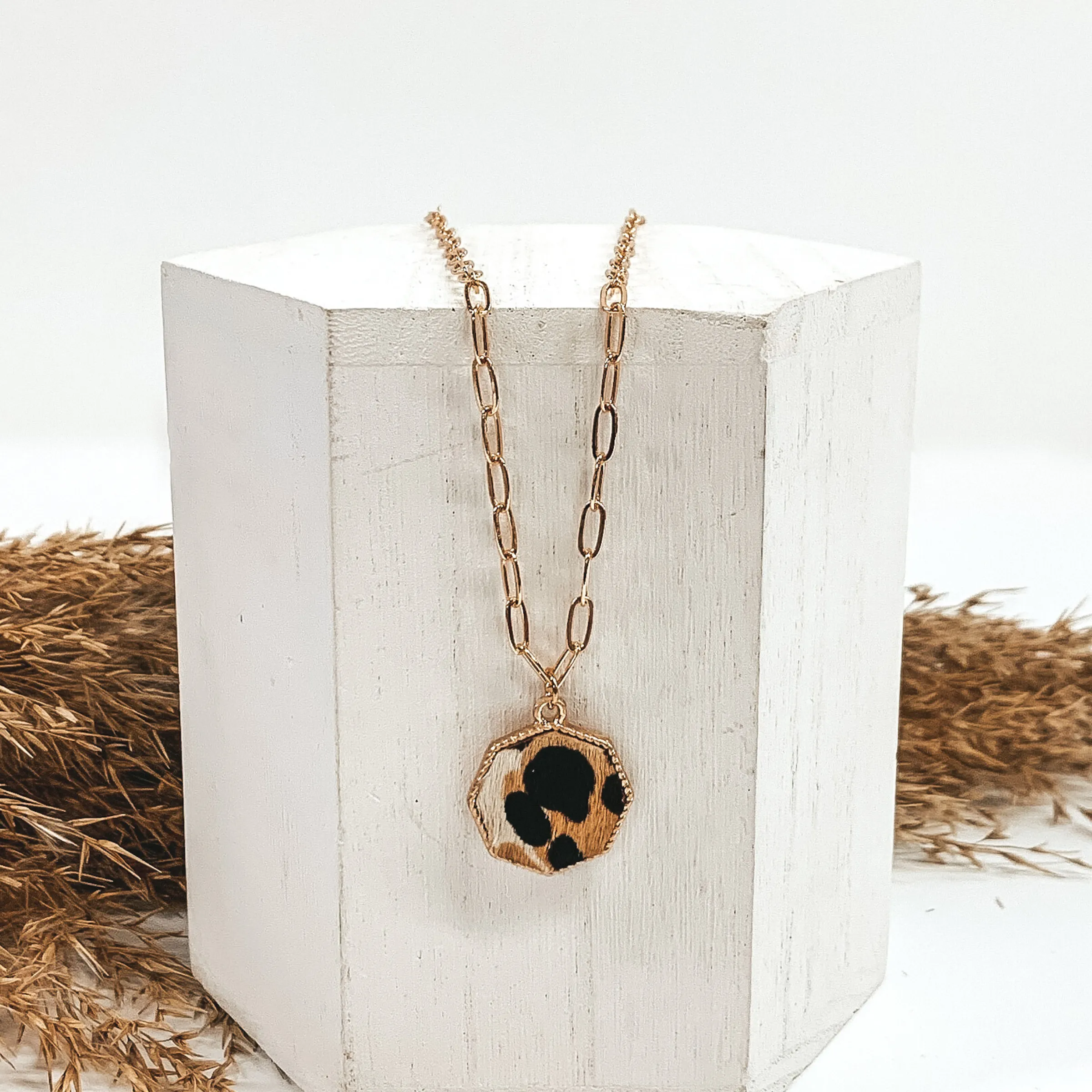 Gold Paperclip Chain Necklace with Octagon Pendant in White Animal Print