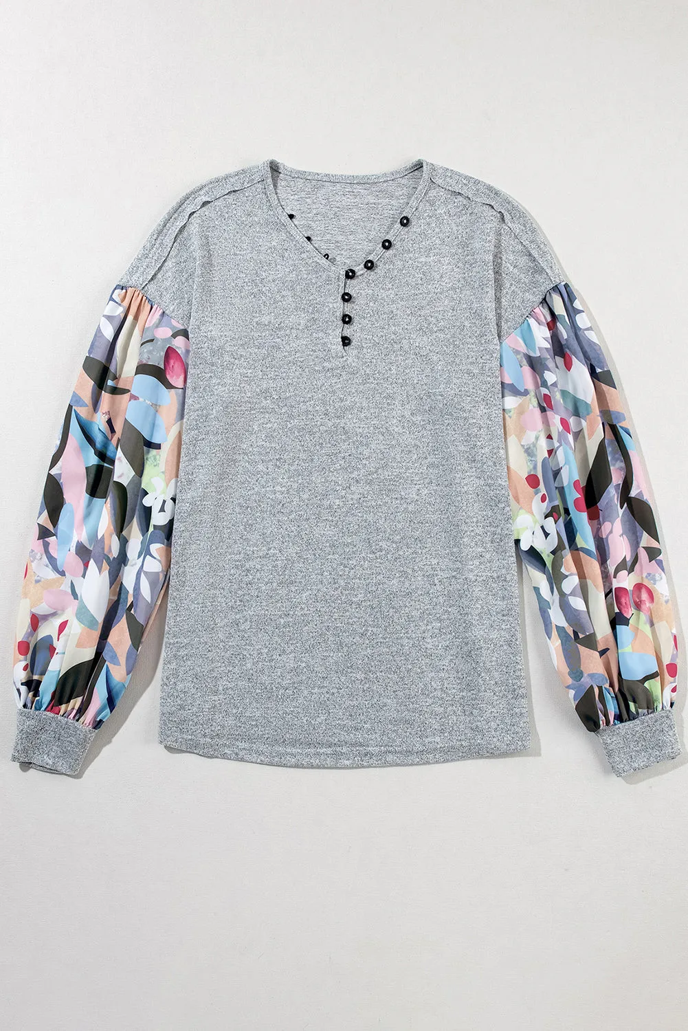 Grey Floral Lantern Sleeve Patchwork Buttoned V Neck Top