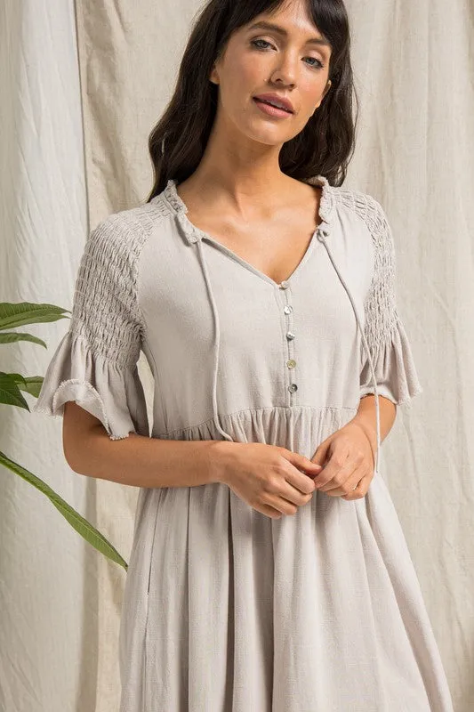 Grey V Neck Button Up Midi Dress With Self Tie