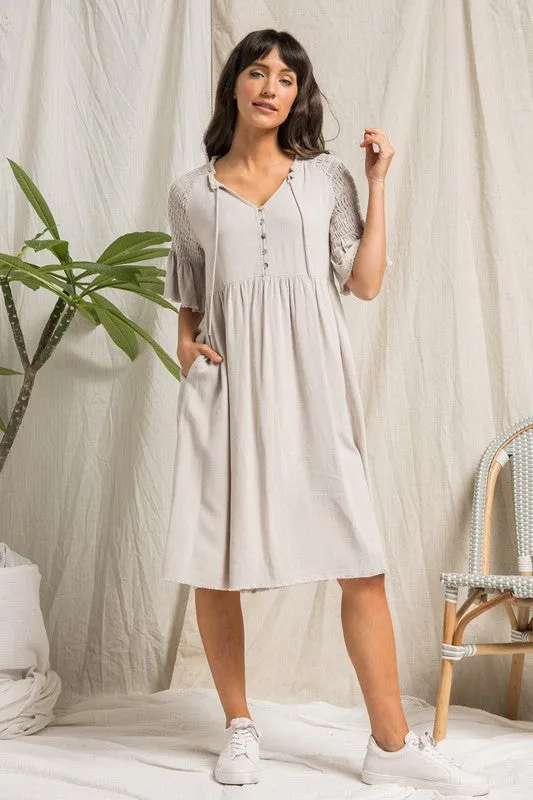 Grey V Neck Button Up Midi Dress With Self Tie