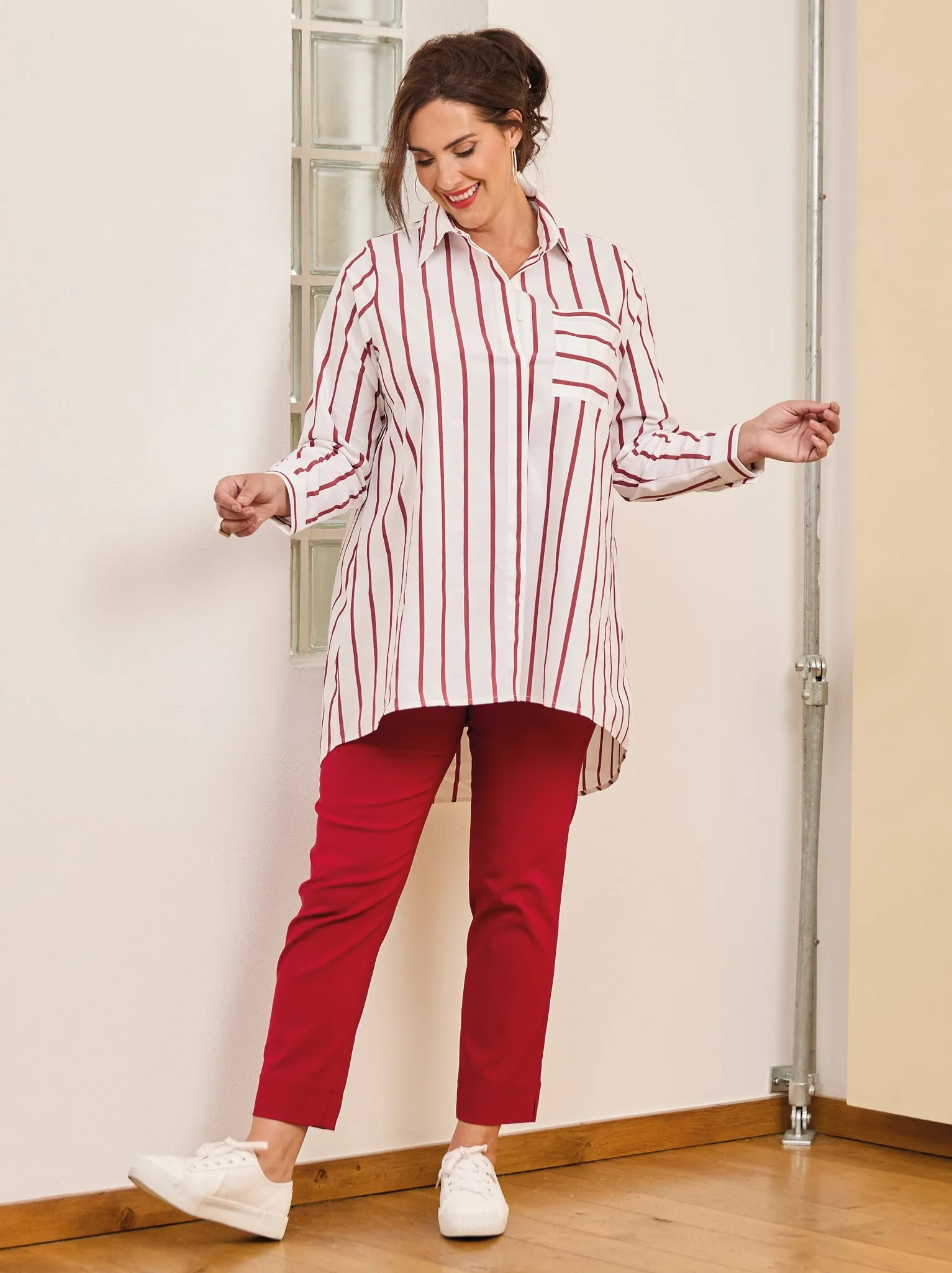 Harriet Cotton Stripe Shirt - White/Cherry