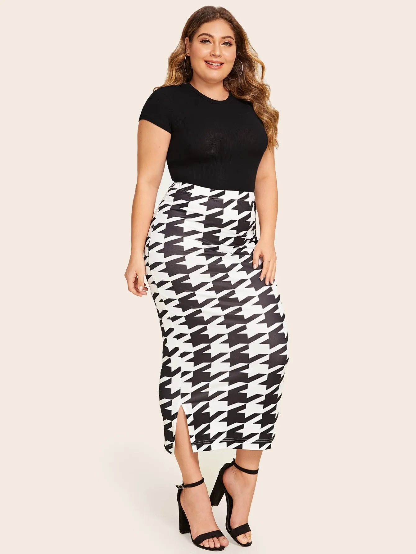 Houndstooth Split Long Plus Size Skirt