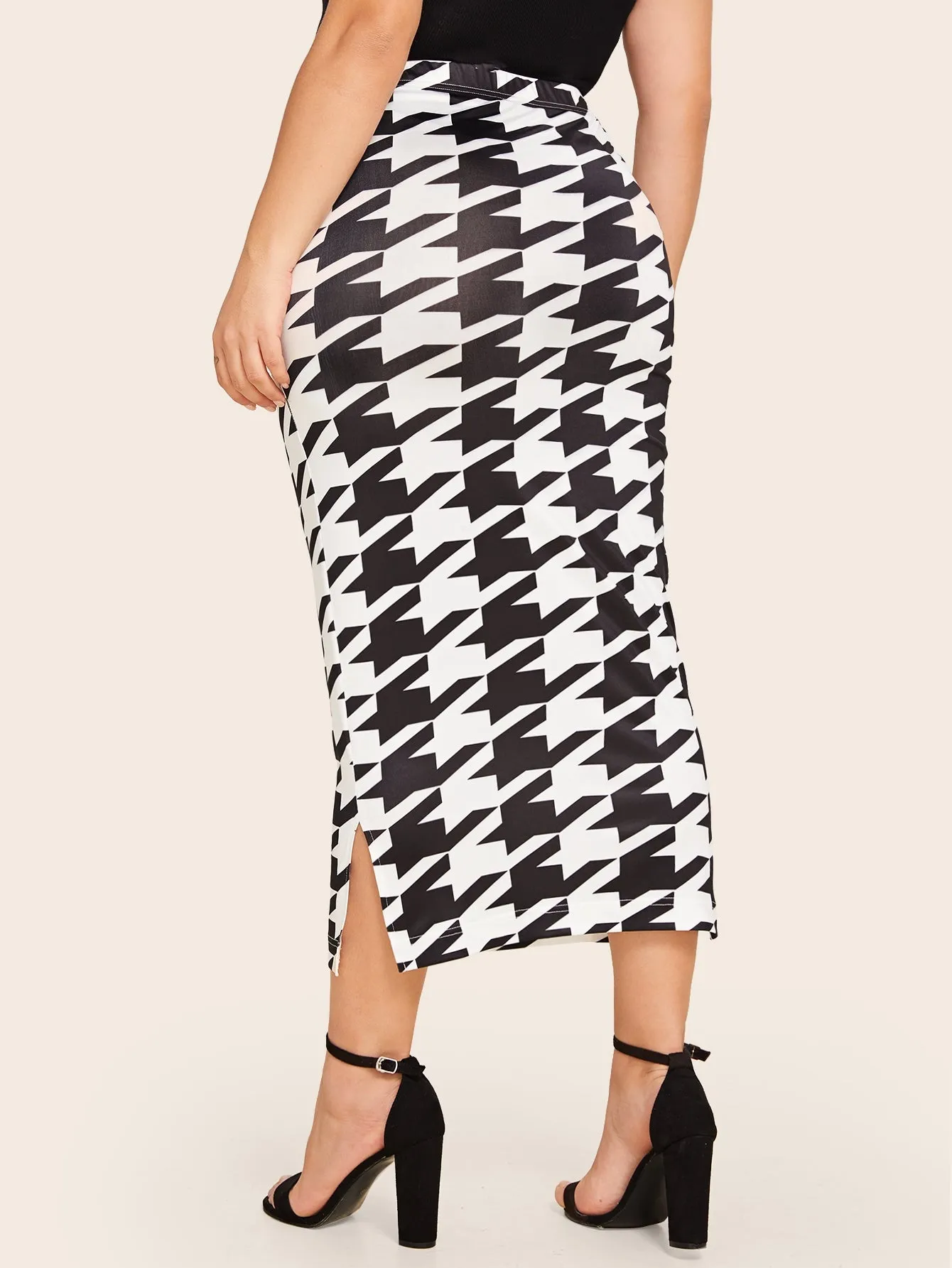 Houndstooth Split Long Plus Size Skirt