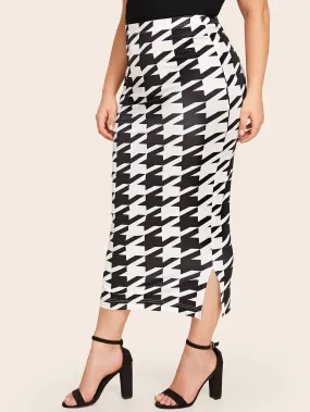 Houndstooth Split Long Plus Size Skirt