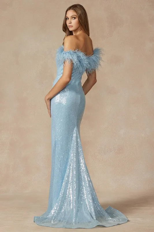 Ice Blue Feather Neckline Off The Shoulder And High Slit Dress