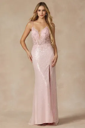 Ice Pink Machine Sequin Gown With Corset Bodice Prom Gown