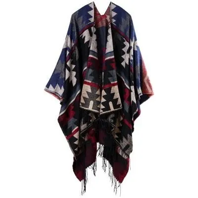 Imitation Cashmere Geometric Tassel Poncho For Women Winter Warm Knitted Shawl Wrap Comfortable Thick