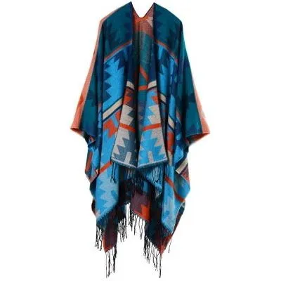 Imitation Cashmere Geometric Tassel Poncho For Women Winter Warm Knitted Shawl Wrap Comfortable Thick