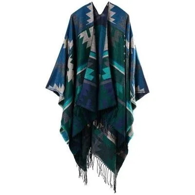 Imitation Cashmere Geometric Tassel Poncho For Women Winter Warm Knitted Shawl Wrap Comfortable Thick