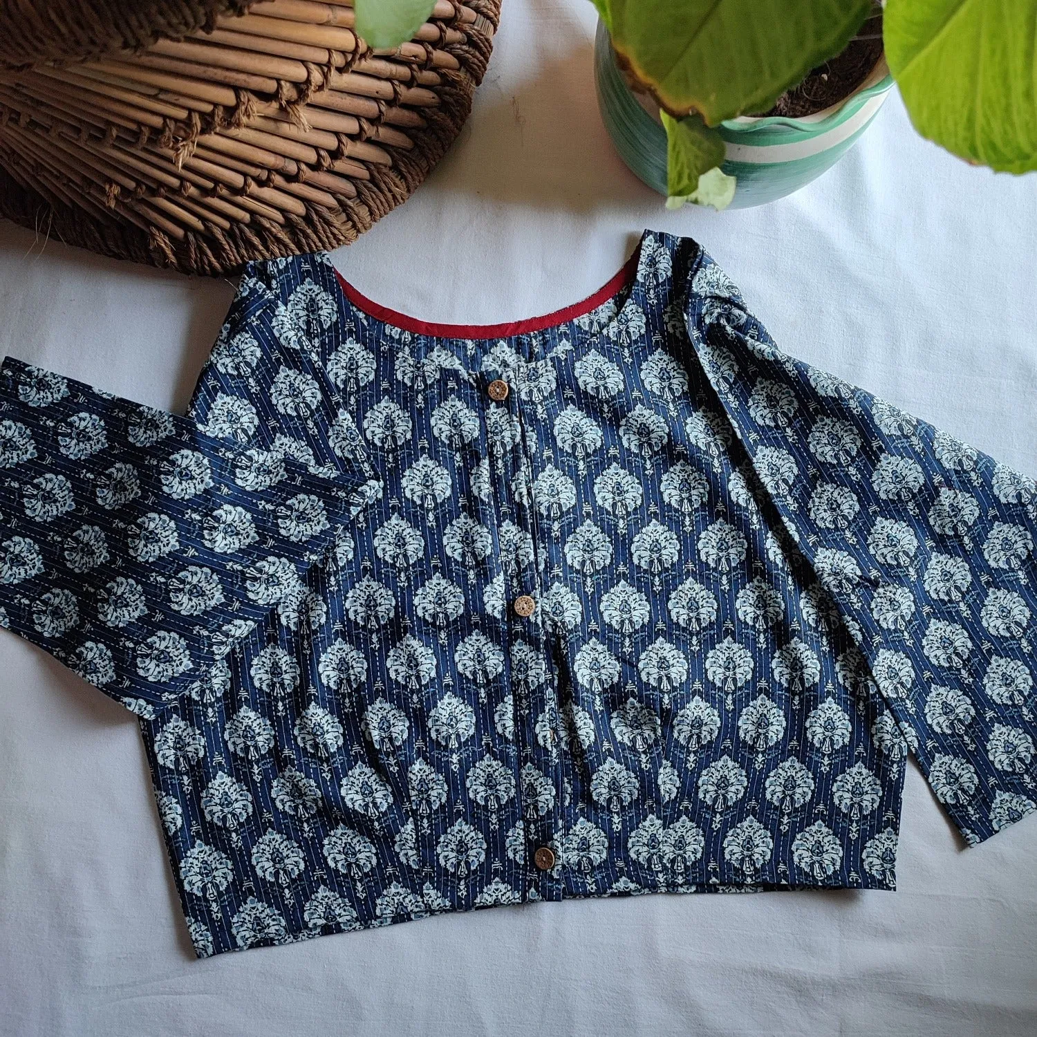 Indigo Blue Pure Cotton Handblock Printed Contemporary Blouse/ Crop Top