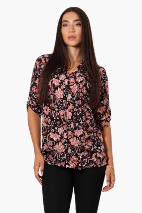 International INC Company Floral Tie Back Roll Up Sleeve Shirt - Black