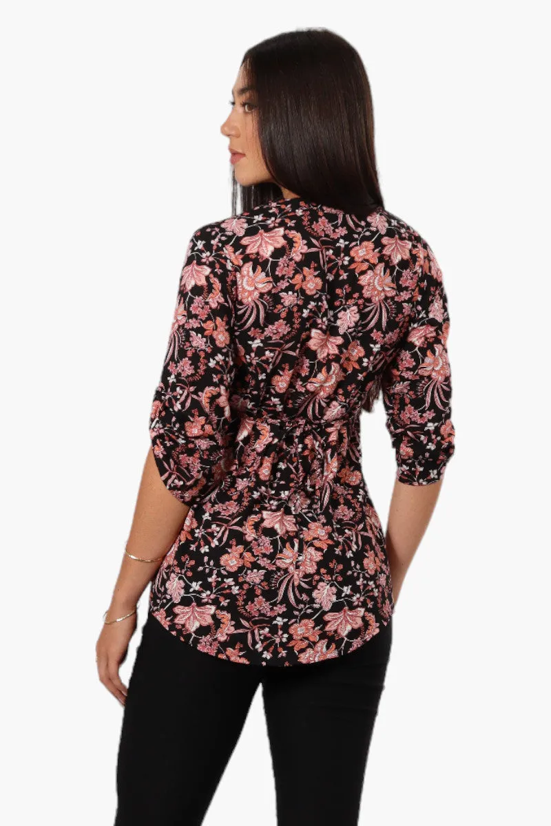 International INC Company Floral Tie Back Roll Up Sleeve Shirt - Black