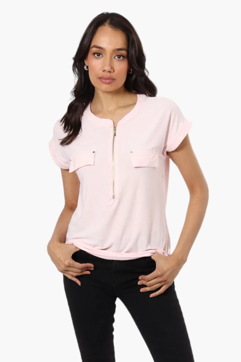 International INC Company Front Zip Cap Sleeve Blouse - Pink