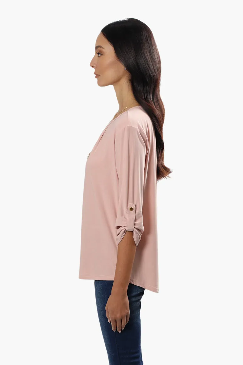 International INC Company Solid Roll Up Sleeve Blouse - Blush