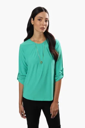 International INC Company Solid Roll Up Sleeve Blouse - Teal